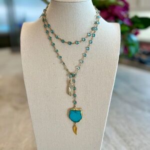 Gold-Trim Turquoise Pendant Layered Necklace